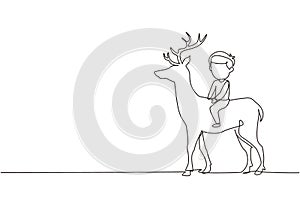 Single continuous line drawing happy little boy riding deer. Child sitting on back deer with saddle in ranch ground. Kids learning