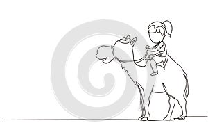 Single continuous line drawing happy little girl riding camel. Child sitting on hump camel with saddle in desert. Kids learning to