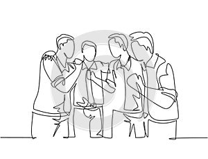 Single continuous line drawing of happy male team member cheering together and hugging each other to celebrate their success.