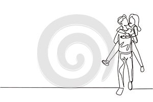 Single continuous line drawing happy man carrying and embracing woman. Happy romantic couple in love. Young couple relationship
