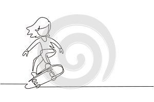 Single continuous line drawing happy smiling girl playing on skateboard. Kid accelerating doing jumping. Children on skateboarding
