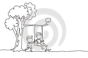 Single continuous line drawing happy two boys playing on tree swing. Cheerful kids on swinging under a tree. Children playing at