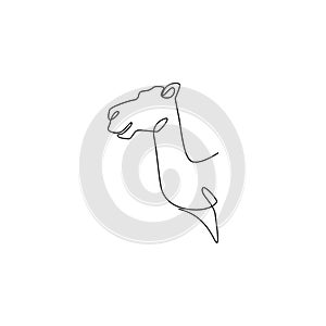 Single continuous line drawing of head desert Arabic camel for logo identity. Cute dromedary mammal animal concept for national