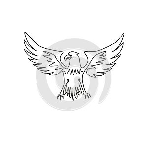 Single continuous line drawing of heroic eagle for e-sport team logo identity. Falcon bird mascot concept for graveyard icon.