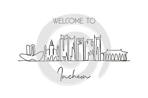 Single continuous line drawing Incheon skyline, South Korea. Famous city scraper landscape postcard. World travel destination