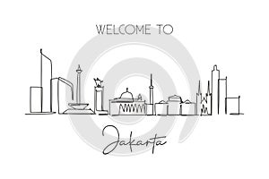 Single continuous line drawing of Jakarta city skyline, Indonesia. Famous city scraper landscape. World travel concept home wall