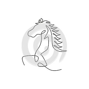 Single continuous line drawing of jumping elegant horse company logo identity. Strong mustang head mammal animal icon concept.