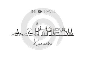 Single continuous line drawing Karachi city skyline, Pakistan. Famous city scraper and landscape home wall decor poster print art