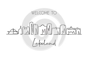 Single continuous line drawing of Lakeland skyline, Florida. Famous city scraper landscape sign. World travel home wall decor art