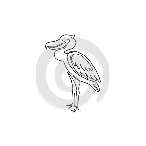 Single continuous line drawing of large adorable shoebill for logo identity. Big prehistoric dinosaur bird mascot concept for