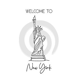 Single continuous line drawing of Liberty Statue. Iconic landmark place in New York City, United States. Home decor wall art