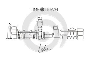 Single continuous line drawing of Lisbon city skyline, Portugal. Famous city scraper landscape. World travel home wall decor