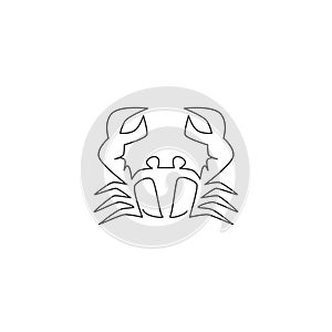 Single continuous line drawing of little crab with big claw for seafood logo identity. Cute sea animal concept for Chinese