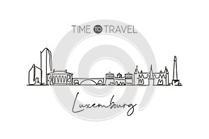 Single continuous line drawing Luxembourg city skyline. Famous city scraper landscape home wall decor poster print. World travel