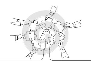 Single continuous line drawing of male and female business team members unite puzzle pieces together to one as team building