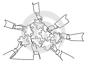 Single continuous line drawing of male and female business team members unite puzzle pieces together to one as team building