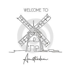 Single continuous line drawing Molen De Adriaan Windmill landmark. Beauty famous place in Netherlands. World travel home decor