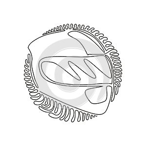 Single continuous line drawing motorcycle sport helmet. Racer helmet logo. Motorsport car kart racing transportation safety