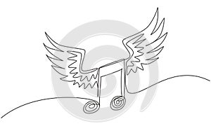 Single continuous line drawing musical notation with wings. Music symbol. Classic melody sign in flat design. Chords icon