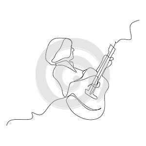 Single continuous line drawing of a musician playing acoustic guitar