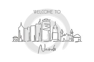 Single continuous line drawing of Nairobi city skyline, Kenya. Famous city scraper and landscape home wall art decor poster print