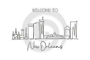 Single continuous line drawing New Orleans city skyline, Louisiana, USA. Famous city landscape. World travel concept home wall