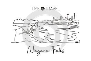 Single continuous line drawing of Niagara Falls skyline, Canada. Famous nature landscape home decor art poster print. World travel