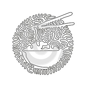 Single continuous line drawing noodle in bowl. Asian ramen, traditional Chinese restaurant with pasta and chopsticks. Swirl curl