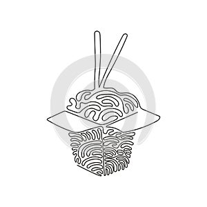 Single continuous line drawing noodle in box. Asian ramen oriental, traditional Chinese restaurant with pasta and chopsticks.