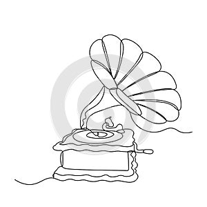 Single continuous line drawing of old retro analog vinyl gramophone with wooden table box . Nostalgic vintage classic music player