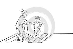 Single continuous line drawing polite boy help grandmother cross street. Well mannered child assistance to aged woman. Kid and