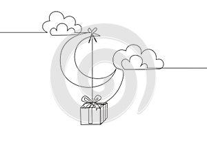 Single continuous line drawing of present gift hanging on the moon at the cloudy sky. Muslim holiday, Eid ul Fitr greeting card