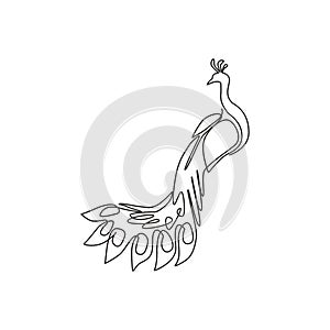 Single continuous line drawing of pretty peacock for company logo identity. Large beauty bird mascot concept for pet lover club