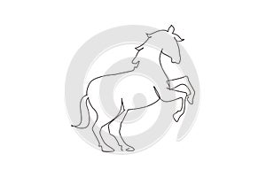 Single continuous line drawing proud white horse walks gracefully with its front hoof forward. Wild mustang gallops in free nature