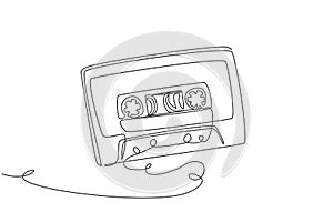 Single continuous line drawing retro compact tape cassette. Vintage music icon audio cassette tape element in doodle style