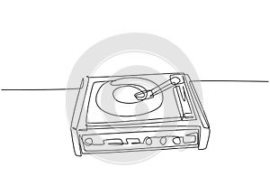 Single continuous line drawing of retro old classic portable music turntable vinyl disc jockey. Vintage analog audio player item