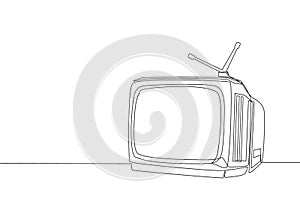 Single continuous line drawing of retro old fashioned tv with internal antenna. Classic vintage analog television concept one line