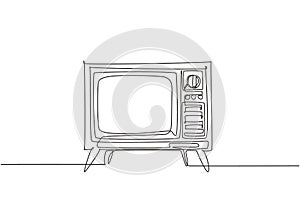 Single continuous line drawing of retro old fashioned tv with wooden case and leg. Antique vintage analog television concept one