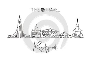 Single continuous line drawing of Reykjavik city skyline, Iceland. Famous city scraper landscape World travel concept home wall