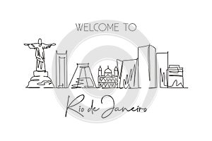 Single continuous line drawing of Rio de Janeiro city skyline, Brazil. Famous city scraper and landscape. World travel postcard