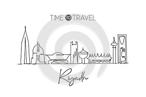 Single continuous line drawing of Riyadh skyline, Saudi Arabia. Famous city scraper landscape. World travel concept wall decor