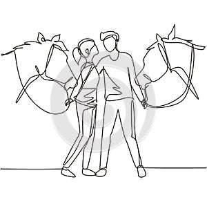 Single continuous line drawing romantic couple with horses. Young man and woman meet for dating with ride horse. Engagement and