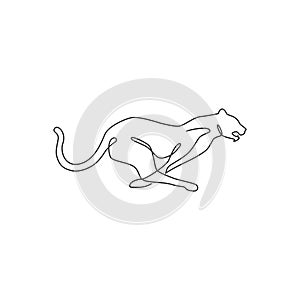 Single continuous line drawing of running cheetah for e-sport team logo identity. Leopard mascot concept for national zoo icon.