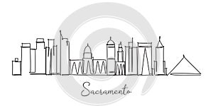 Single continuous line drawing of Sacramento city skyline US. Famous city skyscraper landscape. World travel postcard home decor