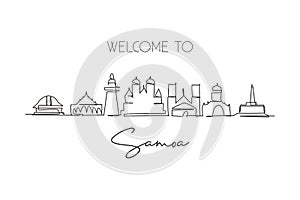 Single continuous line drawing Samoa skyline, Oceania. Famous city scraper landscape gallery. World travel home wall decor art