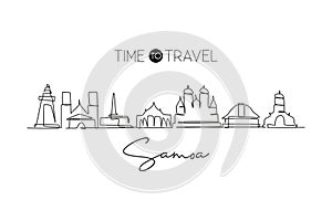 Single continuous line drawing Samoa skyline, Oceania. Famous city scraper landscape. World travel home wall decor art poster