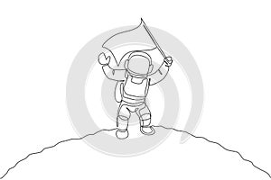 Single continuous line drawing science astronaut in moon surface waving flag to celebrate the landing. Fantasy deep space