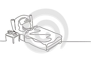 Single continuous line drawing sick girl with high fever. Child is sick with flu or coronavirus. Kid lying in bed feel so bad with