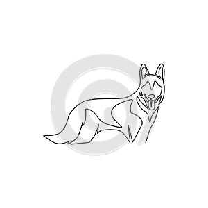 Single continuous line drawing of simple cute siberian husky  puppy dog icon. Pet animal logo emblem vector concept. Dynamic one