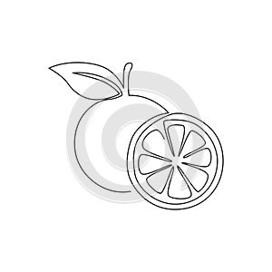 Single continuous line drawing of sliced and whole healthy organic orange for orchard logo identity. Fresh summer fruitage concept